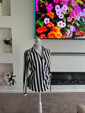 Ann Taylor Black and White Vertical Stripe Wrap Blouse